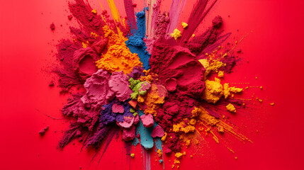 A vibrant red backdrop explodes with color, revealing a rainbow of eyeshadow hues, ready to be transformed into a captivating masterpiece.