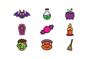 Fototapeta premium Colourful different itme vector line art Halloween Icon set.