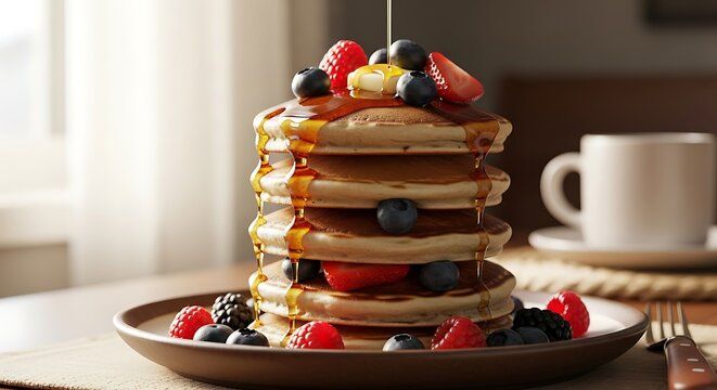 Delicious stack of pancakes with fresh berries and maple syrup in warm morning light - Powered by Adobe