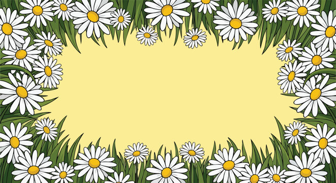 Charming daisy floral frame borders a soft yellow background a delightful spring scene