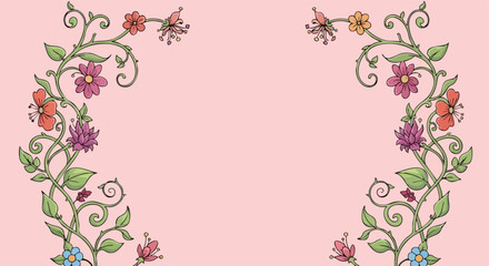 Whimsical floral vines with delicate blooms and swirling tendrils create an elegant border on a soft pink background