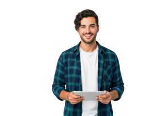 Smiling young man with dark hair wearing a plaid shirt and white t shirt holding a tablet computer isolated on transparent background