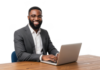 Smiling african american businessman in a suit working on a laptop computer at a wooden desk isolated on transparent background