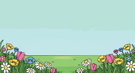 Vibrant Meadow Blossoms Under a Serene Sky A Captivating Hand-Drawn Springtime Scene