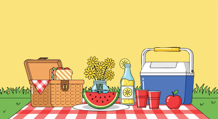 Naklejka premium A vibrant cartoon depiction of a classic summer picnic setup with delightful food and refreshments presented on a checkered blanket outdoors