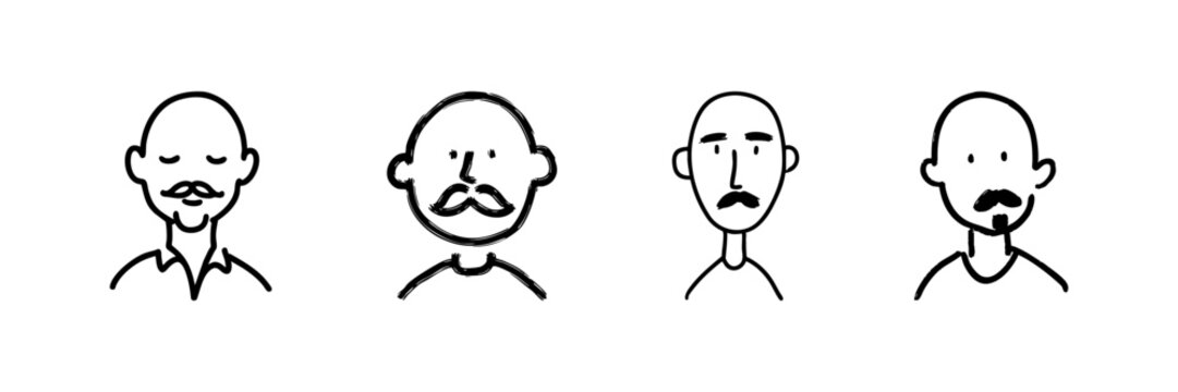 Bald Men With Mustaches Line Icon Set In Doodle Style. Facial Hair And Expression Variations Outline Sketch Collection. Character Design And Illustration. Hand Drawn Isolated Vector Illustration