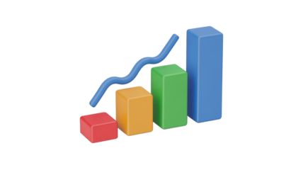 A 3D rendered bar chart displays an upward trend with colorful blocks and a blue wavy line, symbolizing growth, data, and business progress. background removed