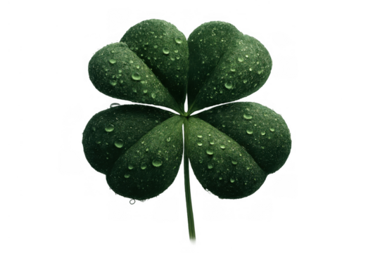 Four leaf clover with water drops representing luck, nature, and st. Patrick's day on transparent background