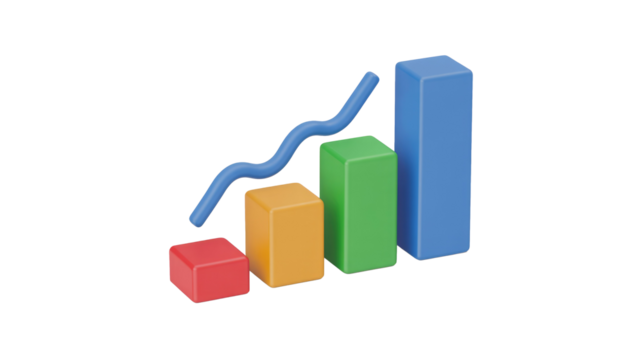 A 3D rendered bar chart displays an upward trend with colorful blocks and a blue wavy line, symbolizing growth, data, and business progress. background removed