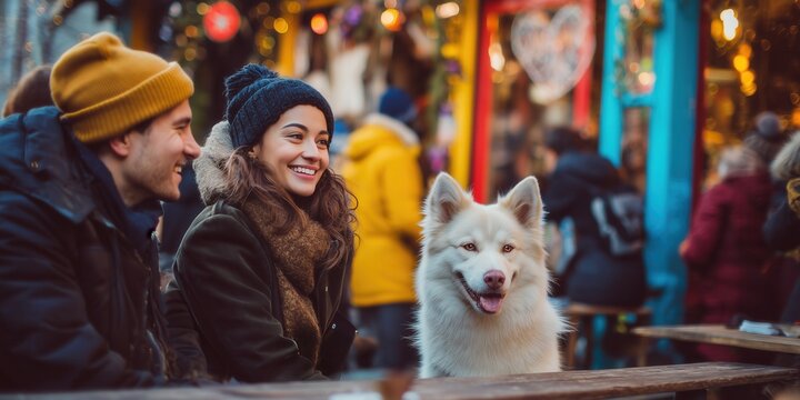 Couple with their dog sitting at an outdoor winter cafe. They wear warm clothes and enjoy the festive atmosphere, surrounded by blurred crowd and holiday lights.
