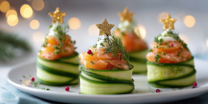 Elegant holiday canape made from thinly sliced cucumber ribbons, smoked salmon, cream cheese and dill, decorated with a festive golden star. Light and stylish party finger food.