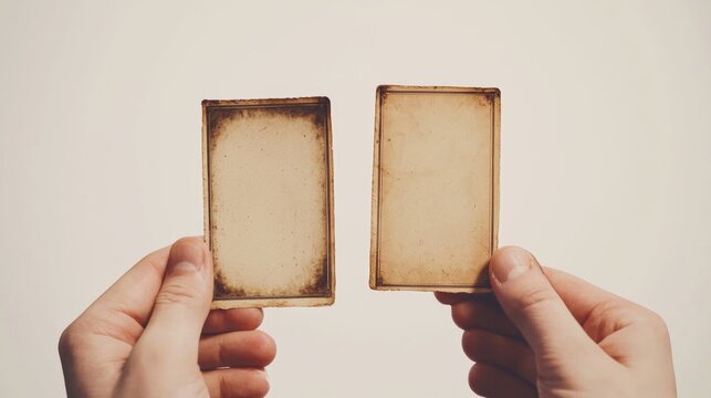 Hands hold two vintage blank cards against a light background for creative use or artistic projects