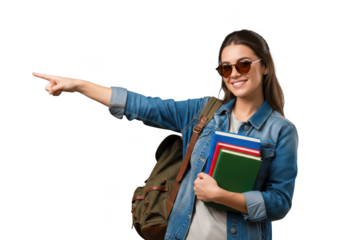 Smiling young woman wearing sunglasses and denim jacket holding books with backpack and pointing to the side isolated on transparent background