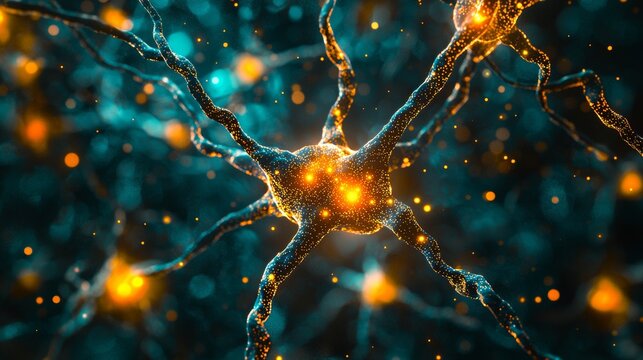 Colorful depiction of neurons showing electrical signals and connections in a digital art style