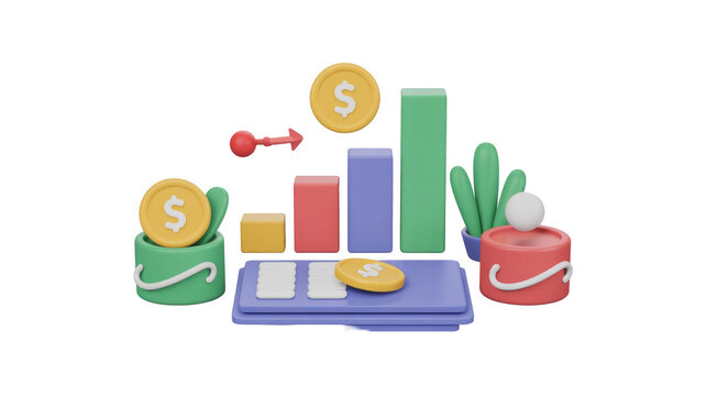 Colorful 3D illustration showing financial growth, money management, and business analytics with a rising bar chart, dollar coins, and an upward trend. background removed - Powered by Adobe