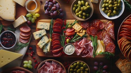 festive holiday appetizer spread, cheese board with grapes, cured meats, dips, crackers, olives