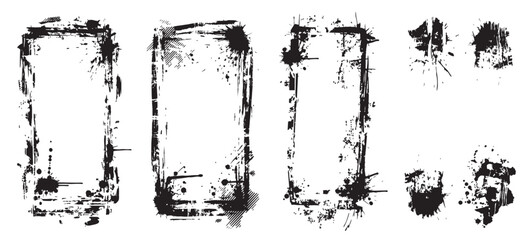 Black Grunge Frame Border Set with Ink Splatter Drip Texture and Distressed Abstract Edge Design Collection