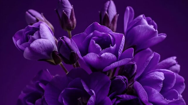 Close up Purple Freesia Flowers with Water Droplets Against a Purple Background