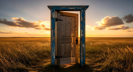 A lone door standing in a field slightly ajar under dramatic skies.jpg