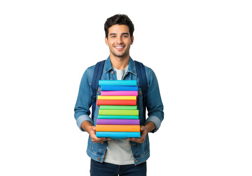 Smiling young man holding a tall stack of colorful books in his arms isolated on transparent background