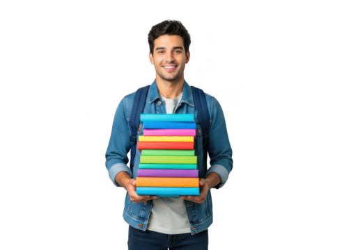 Smiling young man holding a tall stack of colorful books in his arms isolated on transparent background
