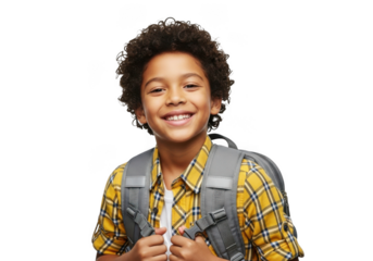 A joyful young boy with curly hair and a bright smile wearing a yellow plaid shirt and a backpack isolated on transparent background