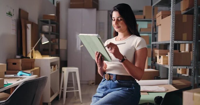 Ecommerce, checklist or woman in office with tablet, inventory or export management in supply chain. Logistics, stylus or Indian supplier in agency with tech, stock or cargo control in distribution.