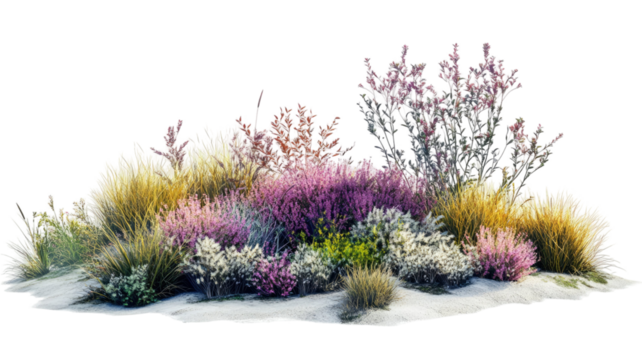 Grassland shrub landscape with wild vegetation natural field outdoor scenery green bush terrain countryside nature view isolated on white background - Powered by Adobe