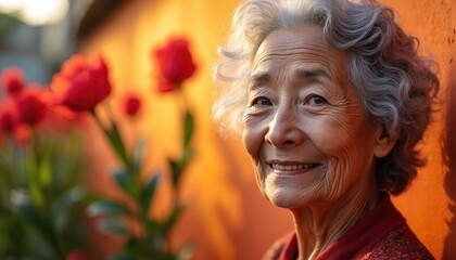 Kind elderly Asian woman with grey hair, wrinkles smiles happily. Stands outdoors with soft, warm golden hour light on face. Wise, calm expression radiates much joy, peace. Blurred red flowers bloom