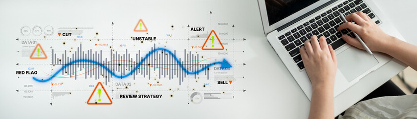 Economic caution visual showing risk alerts and financial volatility. Warning signs highlight...