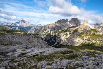 Nature landscape around the Tre Cime di Lavaredo (Three Peaks), Tre Cime Natural Park, Southern Dolomites, Italy. Rifugio Auronzo &ndash; Rifugio Lavaredo &ndash; Rifugio Locatelli &ndash; return via Pian di Cengia.