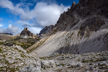 Nature landscape around the Tre Cime di Lavaredo (Three Peaks), Tre Cime Natural Park, Southern Dolomites, Italy. Rifugio Auronzo &ndash; Rifugio Lavaredo &ndash; Rifugio Locatelli &ndash; return via Pian di Cengia.