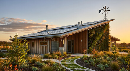 Eco Friendly Home with Solar Panels Windmill and Green Wall Sustainable House Design with Renewable Energy Sources Exterior View of Modern Eco Home in Landscape