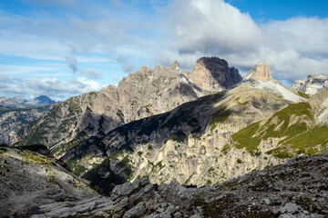 Nature landscape around the Tre Cime di Lavaredo (Three Peaks), Tre Cime Natural Park, Southern Dolomites, Italy. Rifugio Auronzo &ndash; Rifugio Lavaredo &ndash; Rifugio Locatelli &ndash; return via Pian di Cengia.