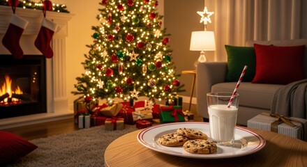 christmas tree with gifts and cookies with milk for night snack