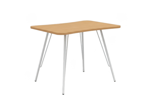 A simple wooden tabletop with four slender white metal legs creating a minimalist modern furniture piece isolated on transparent background