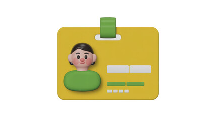 3D illustration of an ID card with a cute character profile and data fields on a yellow badge, featuring a green clip. background removed