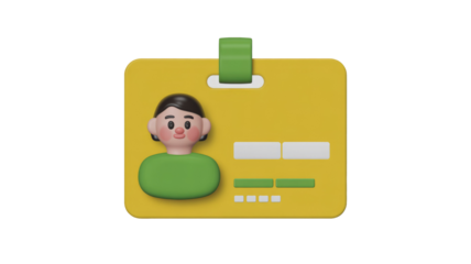 3D illustration of an ID card with a cute character profile and data fields on a yellow badge, featuring a green clip. background removed