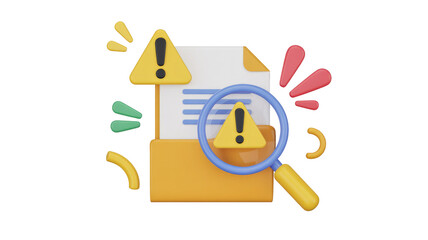 3D render showing a document in a folder with warning signs and a magnifying glass, indicating issues, errors, or security review. background removed