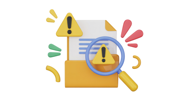 3D render showing a document in a folder with warning signs and a magnifying glass, indicating issues, errors, or security review. background removed