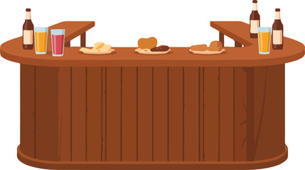 Wooden bar counter with drinks and snacks, vector illustration of a pub or restaurant setting for leisure.