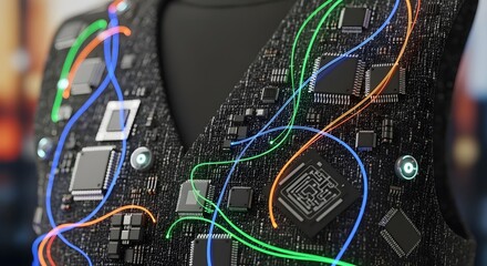 Smart Wearable Vest Embedded with Microchips and Circuitry Featuring Advanced Technology for Data Collection and Analysis in Futuristic Urban Environment and AI Integration