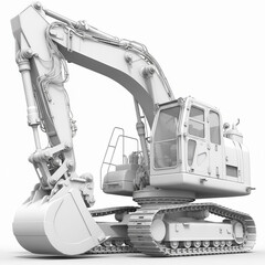 White Heavy Excavator Construction Machine 3D Clay Render Model isolated