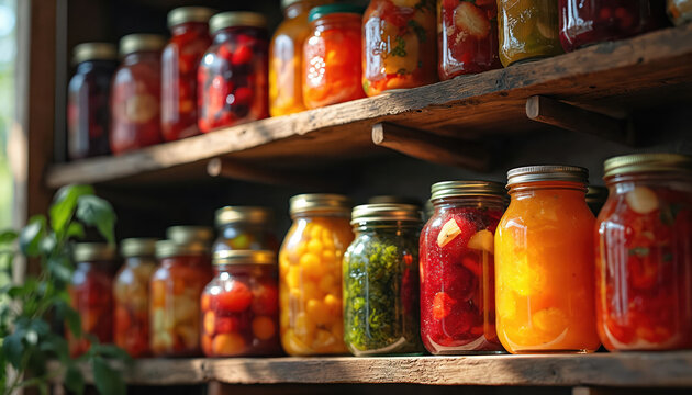 Pantry shelves with glass jars of homemade food. Canned fruits, pickled vegetables, sweet jam stored for winter. Preserving organic garden harvest for self-sufficient food supply. Rustic cellar