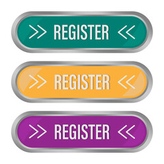 Register button icon. Colorful action symbol. Register now text. Vector artwork.