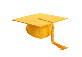 A bright yellow academic graduation cap with a dangling tassel rests on a plain black backdrop isolated on transparent background