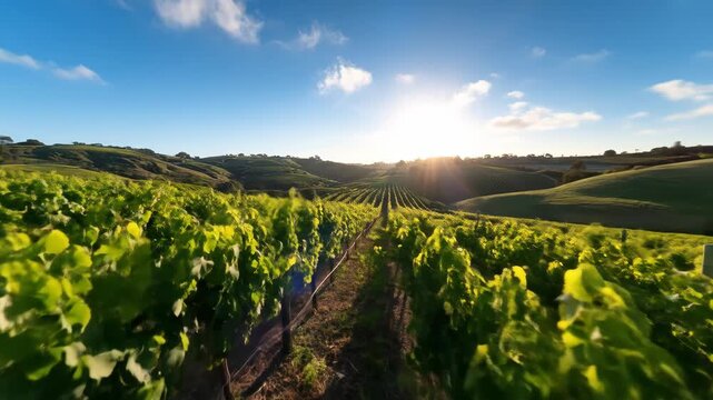 Vineyard landscape at sunrise with green vines and rolling hills