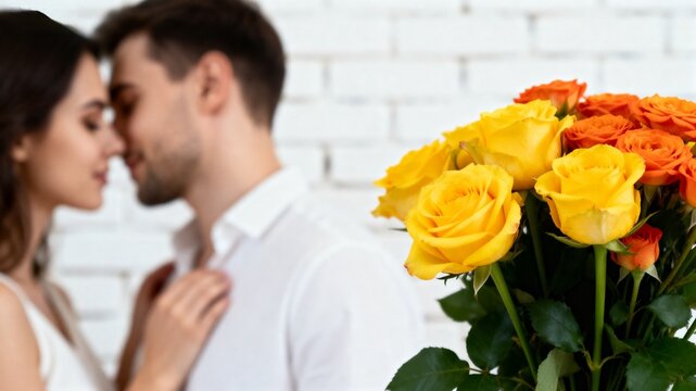 Couple with bouquet of yellow and orange roses - Powered by Adobe