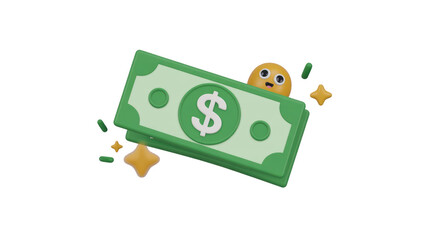 A delighted yellow character peeks from behind a stack of green dollar bills, surrounded by sparkling stars and currency accents, representing finance and wealth. background removed