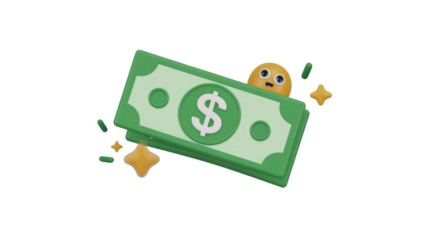 A delighted yellow character peeks from behind a stack of green dollar bills, surrounded by sparkling stars and currency accents, representing finance and wealth. background removed
